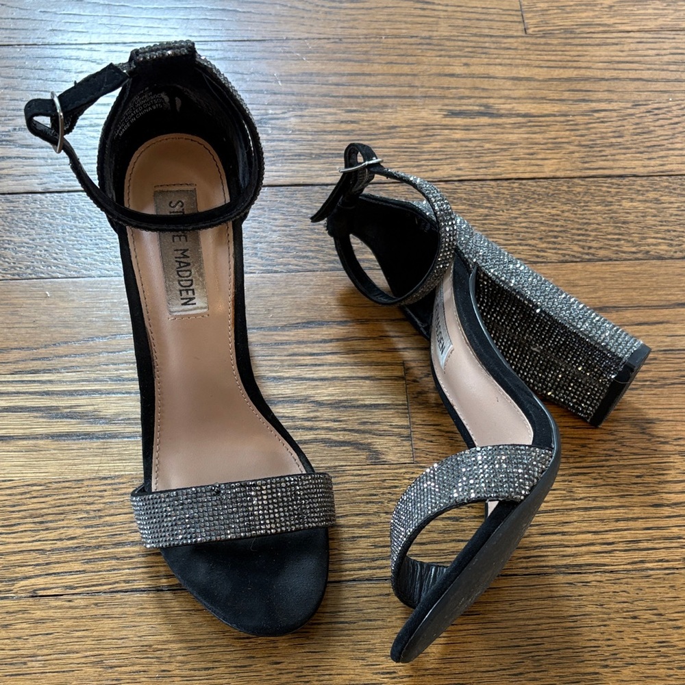 Steve Madden Carrson Black Crystal Ankle-Strap Block Heel Sandals, 6.5